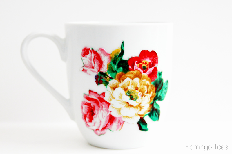 Decoupage floral fabric to mug